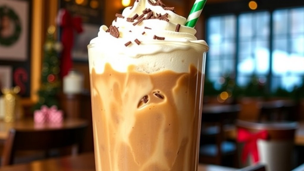 A glass of Peppermint Mocha Iced Coffee with whipped cream, chocolate shavings, and peppermint garnish on a café table.