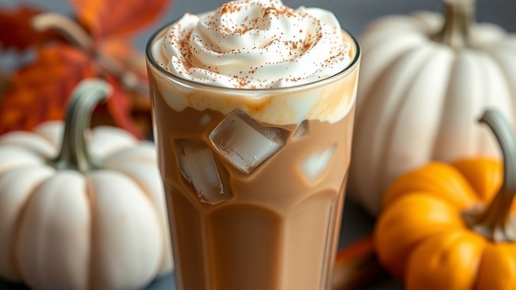 A glass of iced coffee with pumpkin and chocolate flavors, topped with whipped cream and cinnamon, set in an autumn-themed background.
