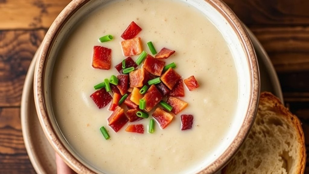 A bowl of creamy Brussels sprout and bacon soup garnished with bacon and chives, served with crusty bread.