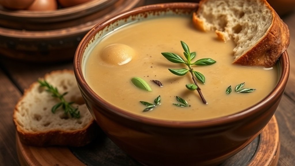 Creamy roasted chestnut and thyme soup in a rustic bowl, garnished with thyme, alongside crusty bread on a wooden table.