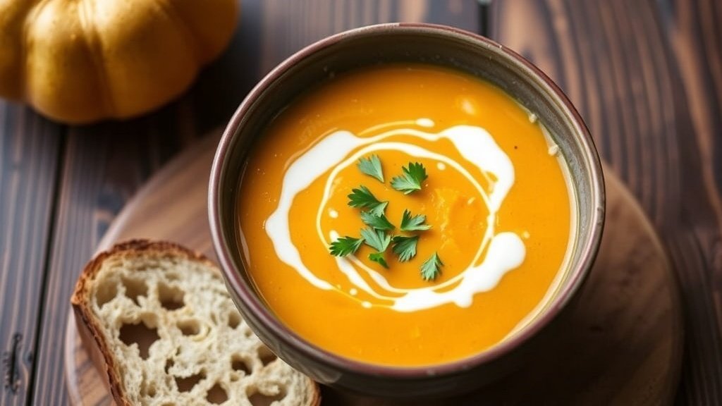 A bowl of apple cider butternut squash soup garnished with parsley and cream, alongside a slice of bread on a wooden table.