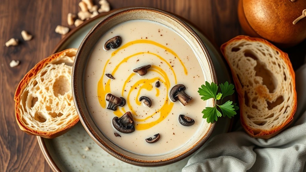 A bowl of creamy wild mushroom and truffle soup garnished with parsley and truffle oil, accompanied by crusty bread.
