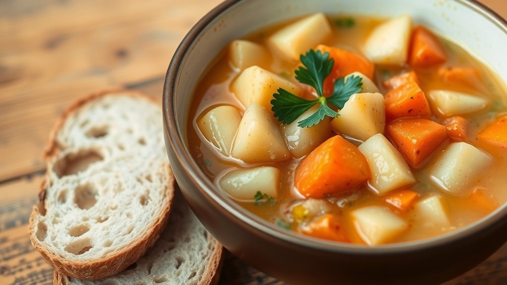 A hearty bowl of root vegetable chowder with potatoes, carrots, and parsnips, garnished with parsley, on a rustic table with bread.