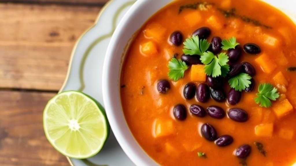 A bowl of spiced sweet potato and black bean soup garnished with cilantro and lime, on a rustic wooden table.