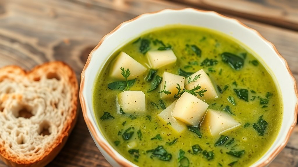 Creamy spinach and potato soup in a bowl, garnished with parsley, served with crusty bread on a wooden table.