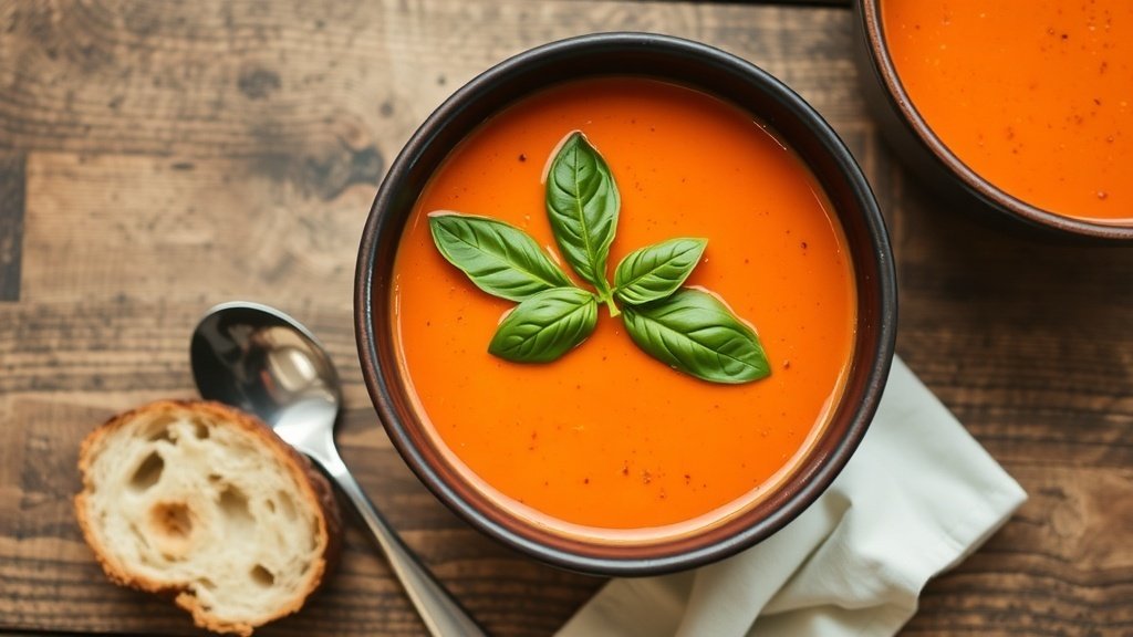 A bowl of creamy roasted red pepper and Gouda soup garnished with basil on a wooden table with bread.