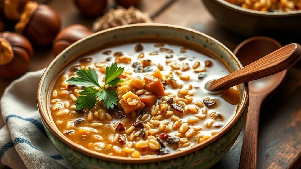 A bowl of chestnut and wild rice soup garnished with parsley, served with a wooden spoon in a cozy kitchen.
