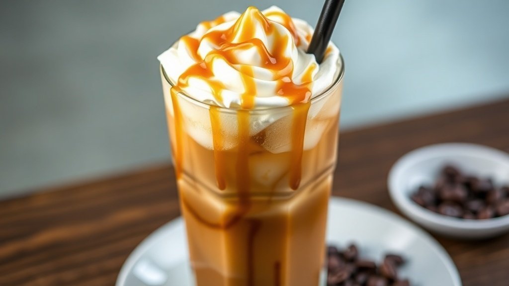 Iced coffee with whipped cream and caramel drizzle in a glass, served with ice cubes and coffee beans.