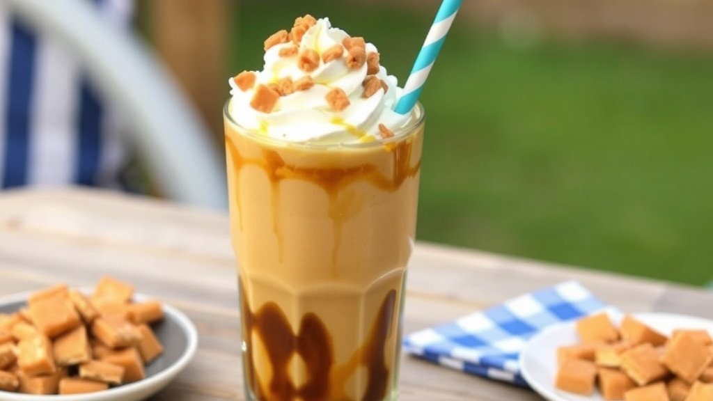 A tall glass of iced coffee with whipped cream and toffee bits on top, served on a wooden table.