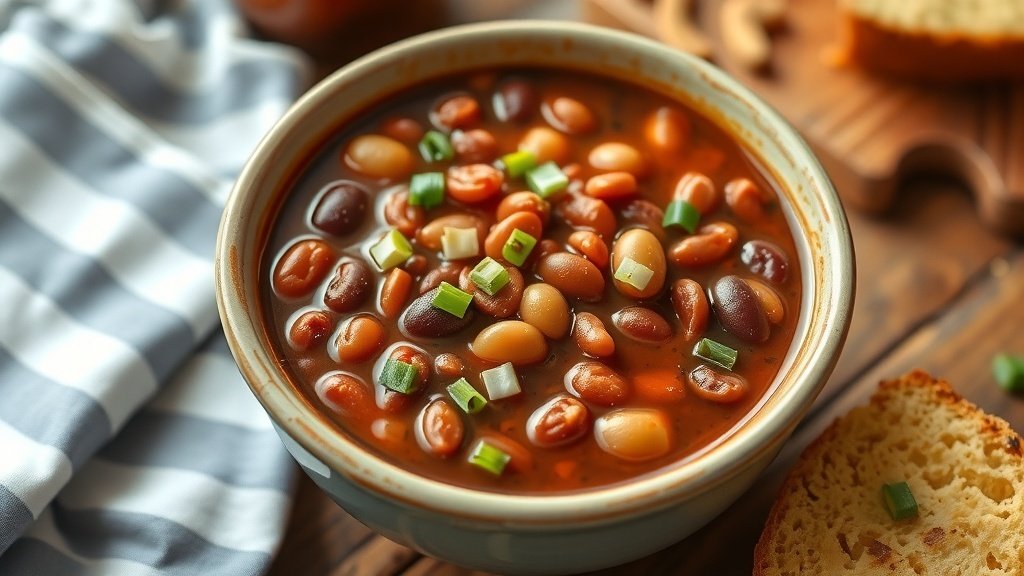 A bowl of barbecue bean soup with beans and green onions, served with cornbread on a wooden table.