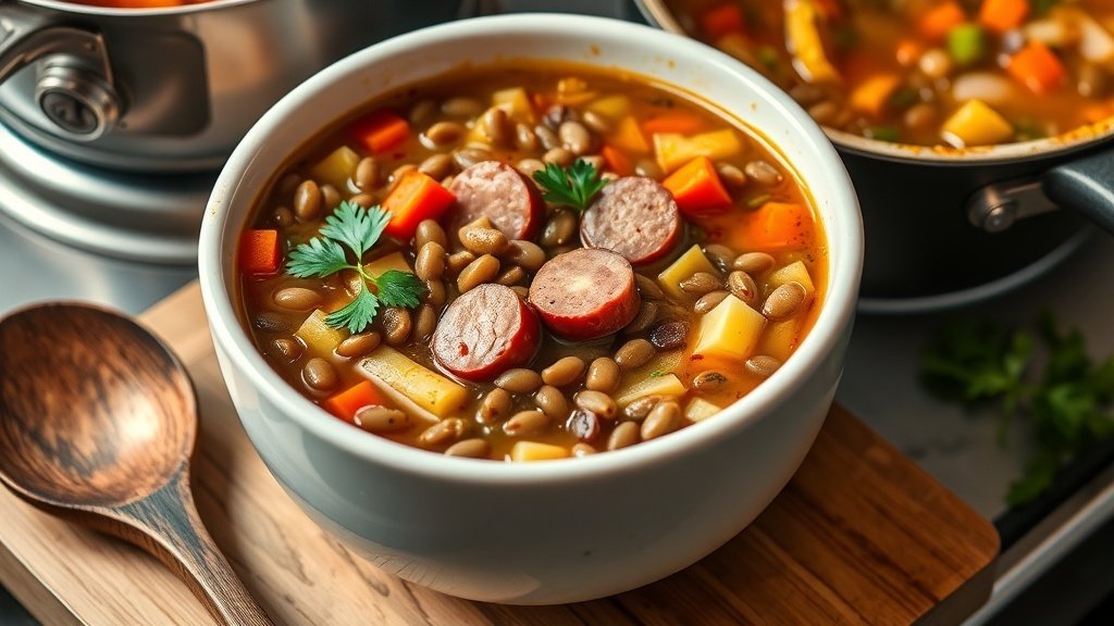 A comforting bowl of smoked sausage and lentil soup with vegetables, garnished with parsley, on a rustic table.