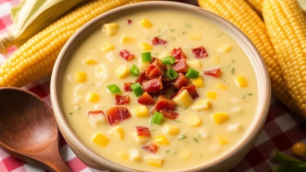 A bowl of creamy corn chowder with bacon, garnished with green onions, on a rustic table.