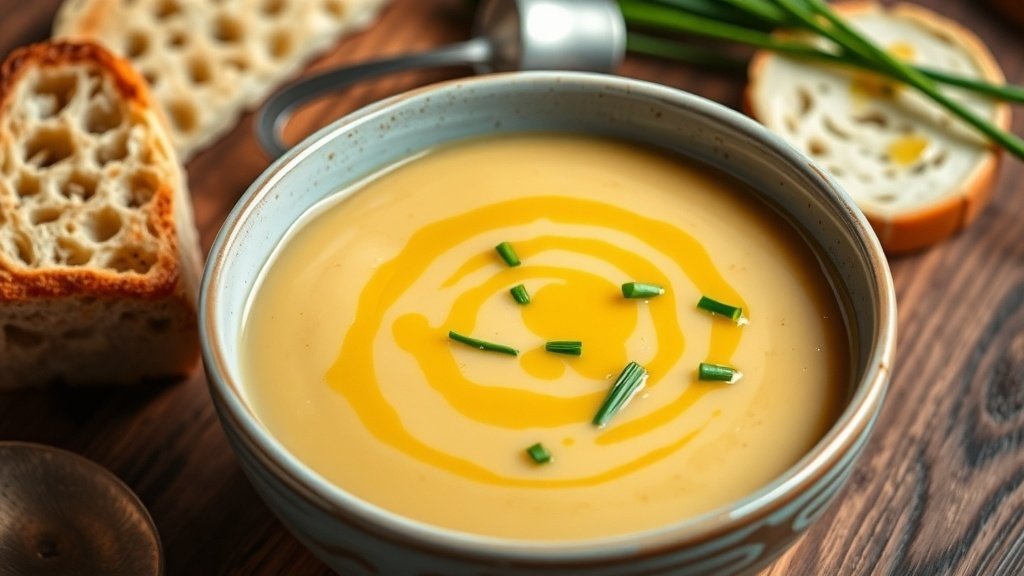 A bowl of creamy roasted garlic and brie soup garnished with chives, served with crusty bread on a rustic table.