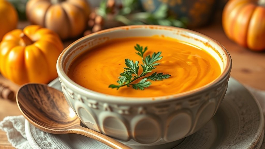 A bowl of spiced apple and carrot soup garnished with parsley, set in a cozy kitchen.