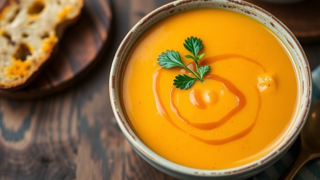 A bowl of warm acorn squash soup garnished with parsley and maple syrup, served with bread on a rustic table.
