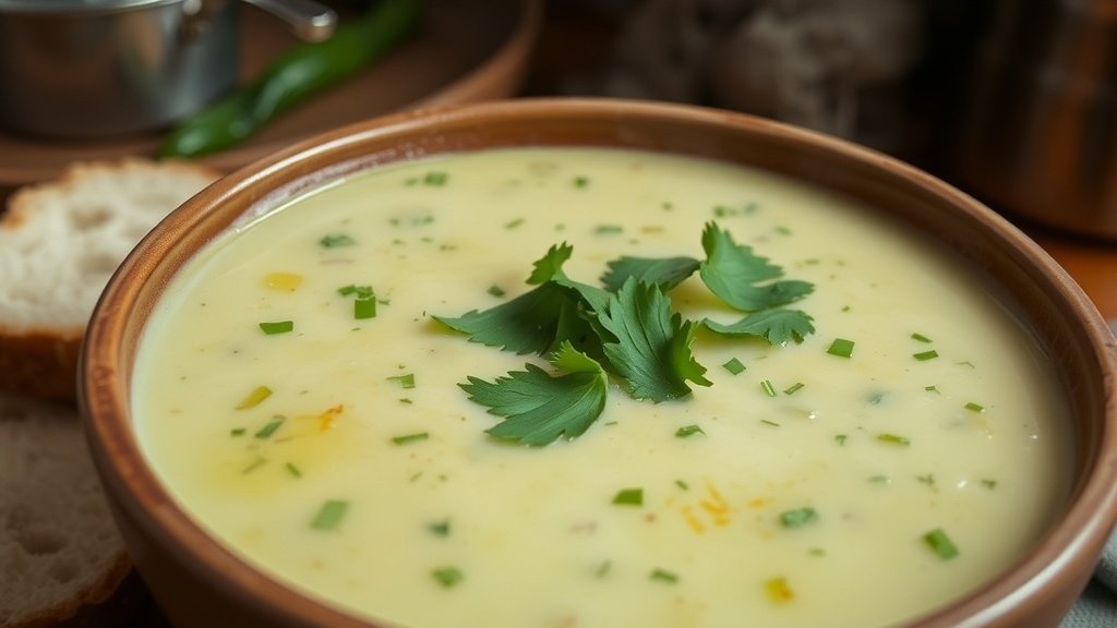 A bowl of creamy Charred Poblano and Potato Soup garnished with cilantro, served with crusty bread.