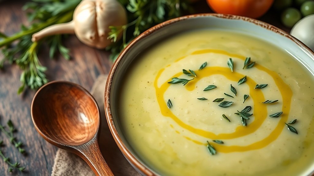 Creamy roasted fennel and leek soup in a bowl, garnished with herbs, on a rustic kitchen table.