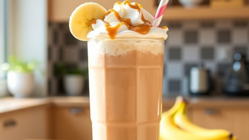 A creamy Peanut Butter Banana Iced Coffee Shake in a glass, topped with whipped cream and banana slice, on a bright kitchen counter.