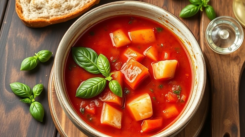 A bowl of rustic tomato and bread soup (Pappa al Pomodoro) garnished with basil and olive oil on a wooden table.