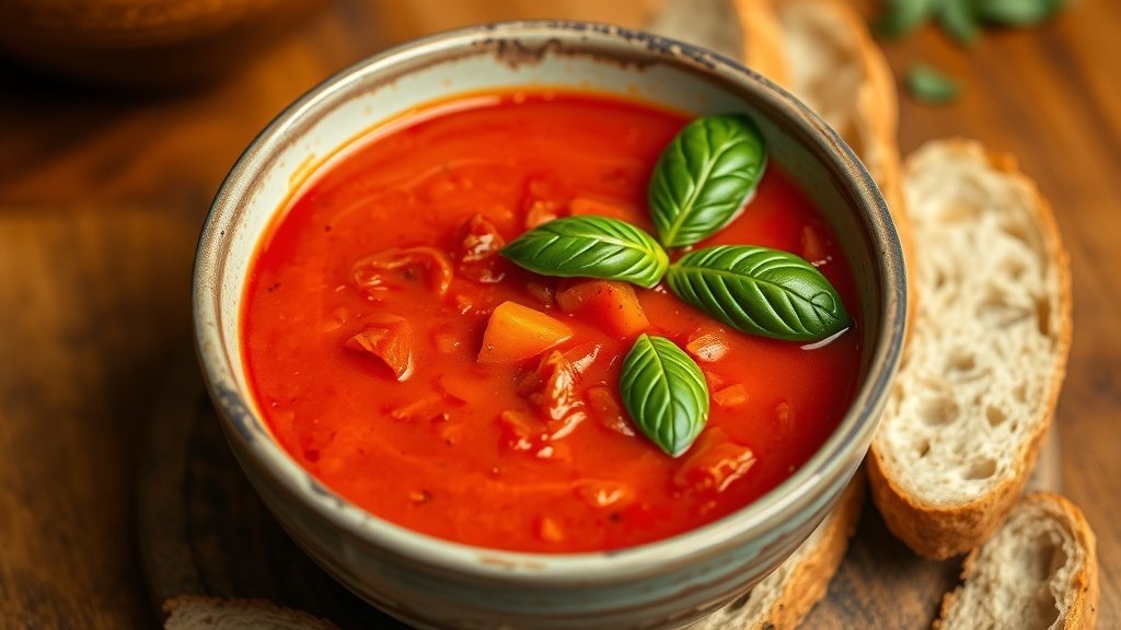 A bowl of smoky tomato and roasted red pepper soup garnished with basil, served with crusty bread.