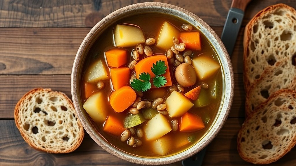 A bowl of rustic root vegetable and barley soup with carrots, parsnips, and potatoes, garnished with parsley, on a wooden table with bread.