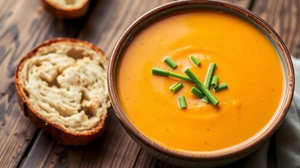 A bowl of creamy sweet potato and leek soup garnished with chives, served with crusty bread on a rustic table.