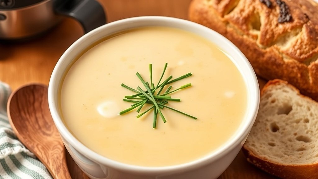 A bowl of creamy rutabaga soup garnished with chives, served with crusty bread.