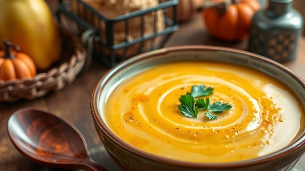 A bowl of creamy spiced pear and squash soup garnished with parsley, set in a cozy kitchen.