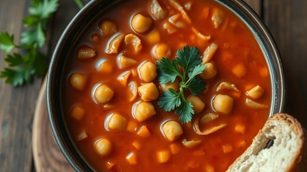 A bowl of smoky chickpea soup garnished with parsley, served with crusty bread on a wooden table.