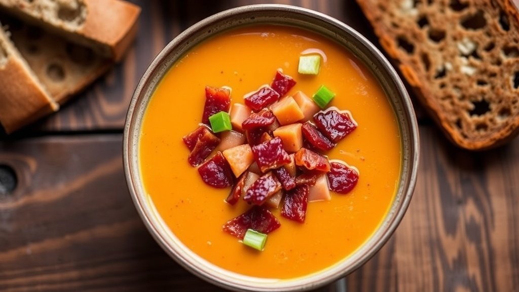 A bowl of creamy sweet potato soup topped with bacon and green onions on a rustic table with bread.