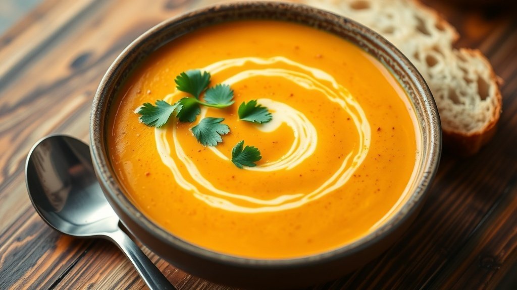 A bowl of creamy pumpkin curry bisque garnished with cilantro, served with bread on a wooden table.