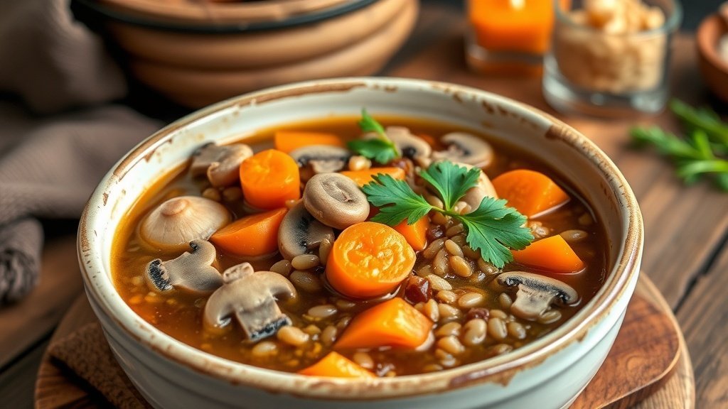 A bowl of mushroom and barley stew with carrots and parsley, served in a rustic kitchen setting.