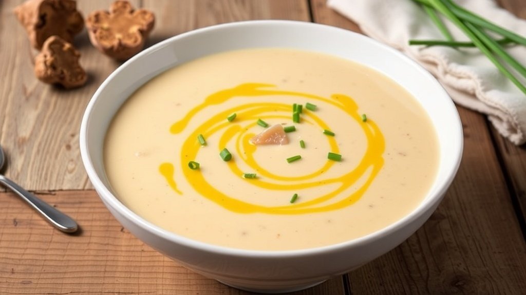 Creamy celery root and truffle soup in a white bowl, garnished with chives, on a rustic table with truffles.