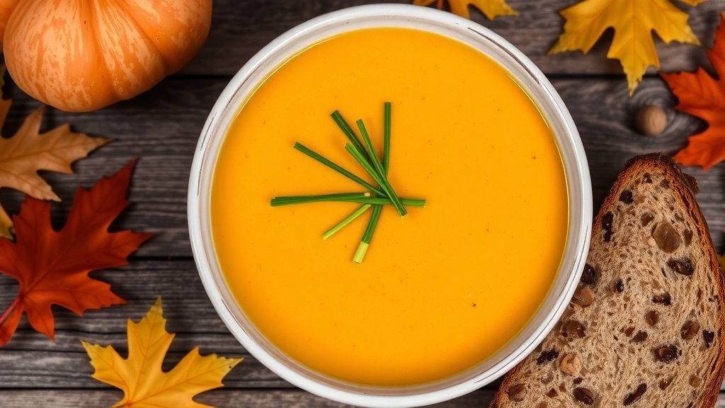 A creamy pumpkin and chestnut bisque garnished with chives, served with bread on a rustic table.