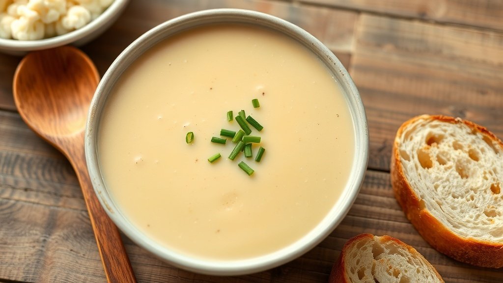A bowl of creamy roasted cauliflower and Gruyère soup, garnished with chives, on a rustic table with a slice of bread.