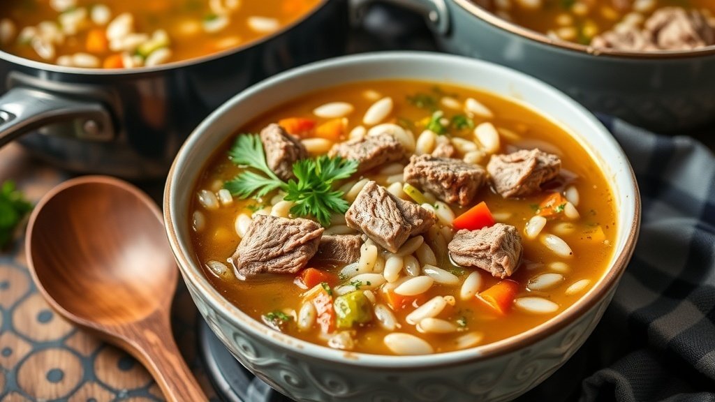 A bowl of duck and wild rice soup with vegetables, garnished with parsley, in a cozy kitchen setting.