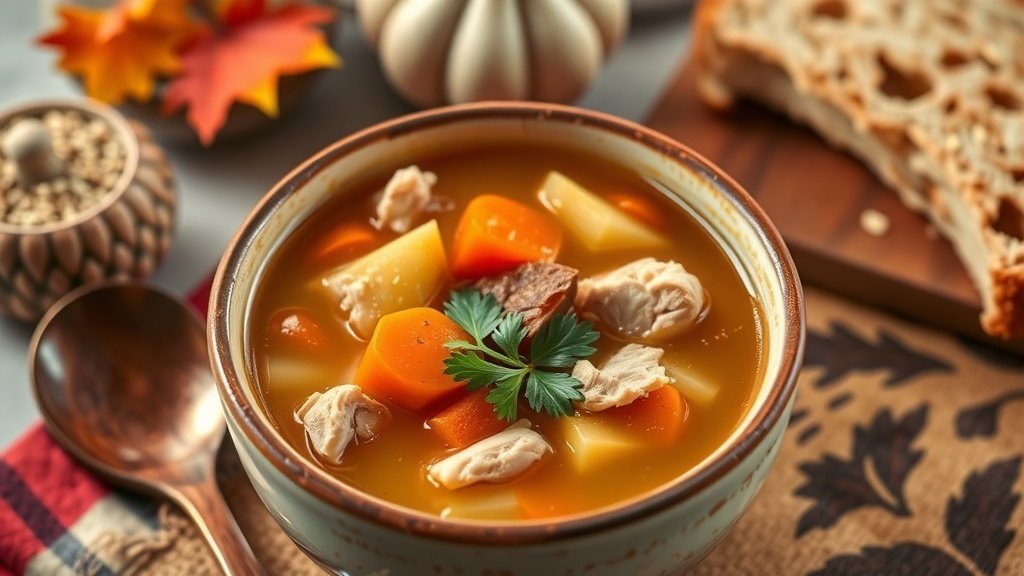 A bowl of spiced apple cider chicken soup with chicken, carrots, and celery, garnished with parsley, on a rustic table with bread.
