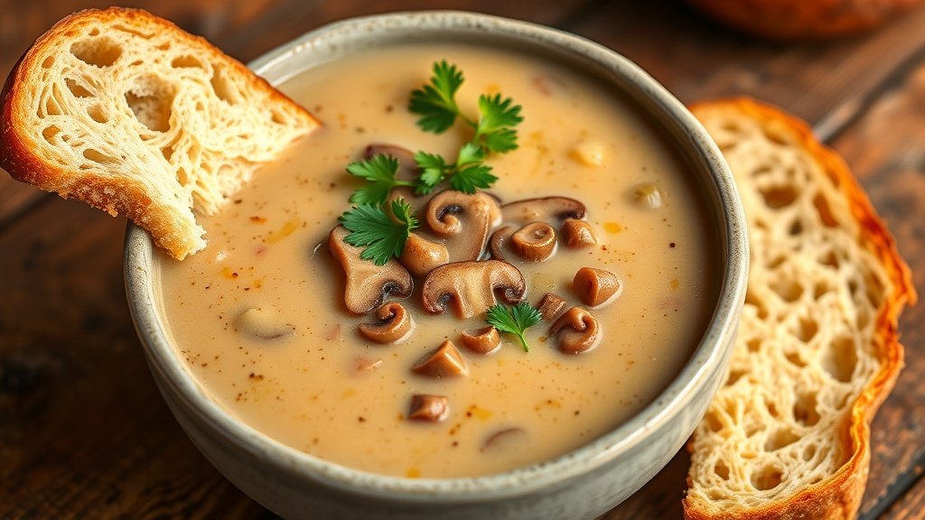 A bowl of creamy mushroom and leek soup garnished with parsley, served with crusty bread on a wooden table.
