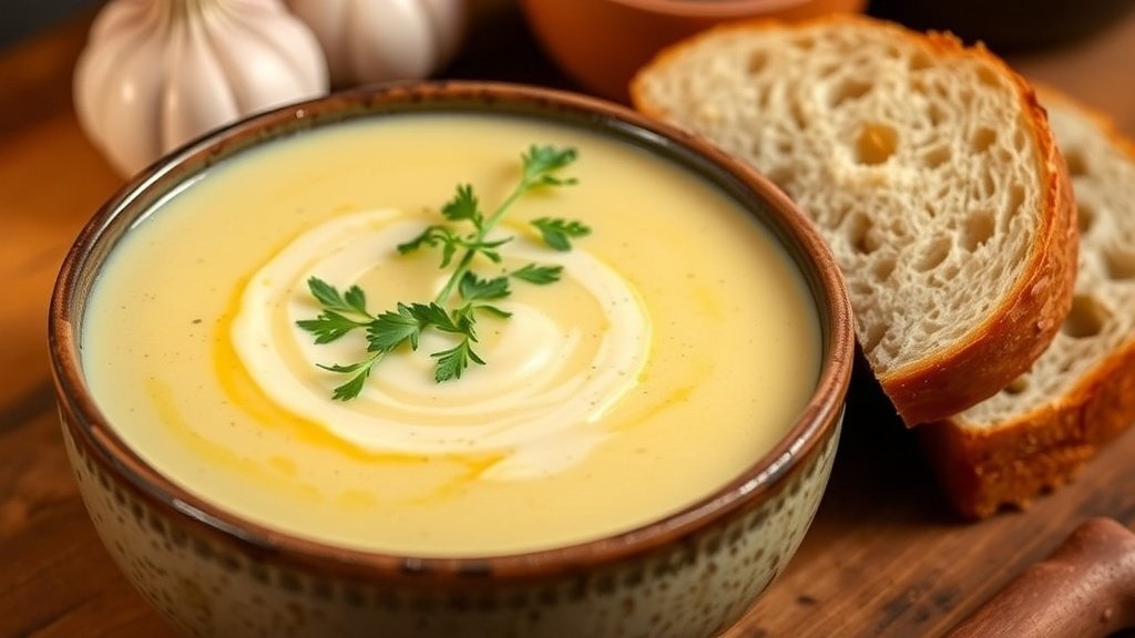 Creamy roasted garlic and goat cheese soup in a rustic bowl with herbs and bread on the side.