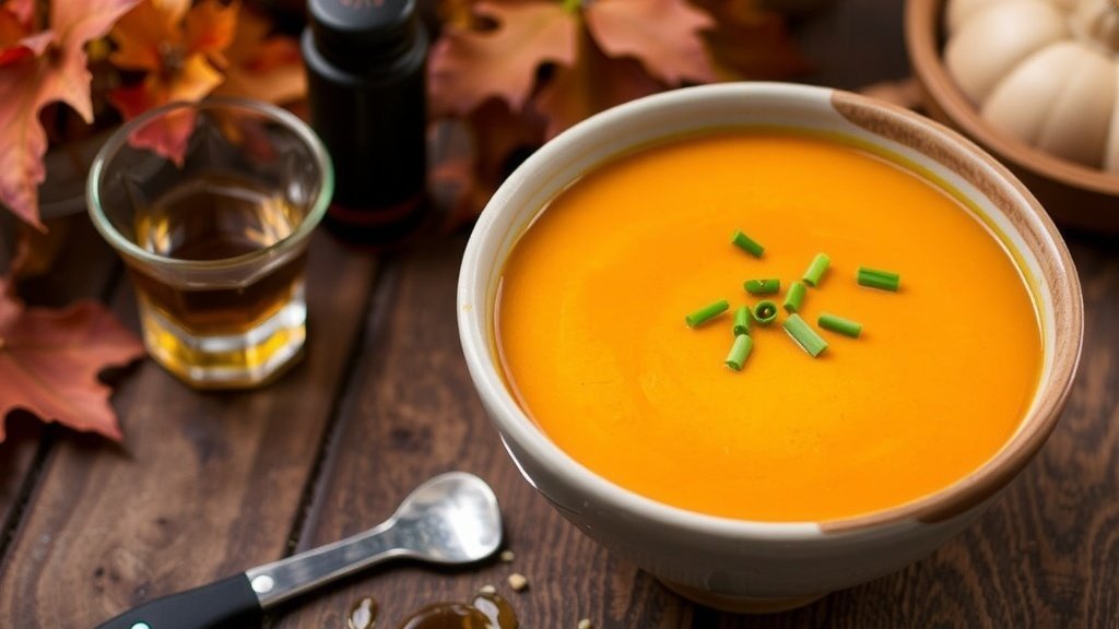 A bowl of creamy butternut squash soup garnished with chives, with bourbon and maple syrup on the side, set on a rustic wooden table.