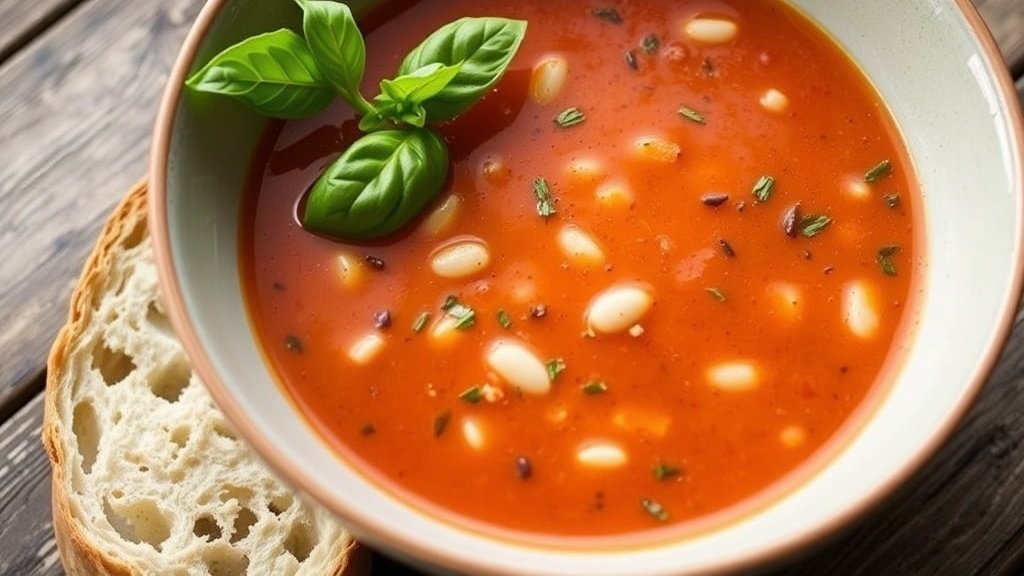 A bowl of roasted red pepper and white bean soup garnished with basil, served with crusty bread on a wooden table.
