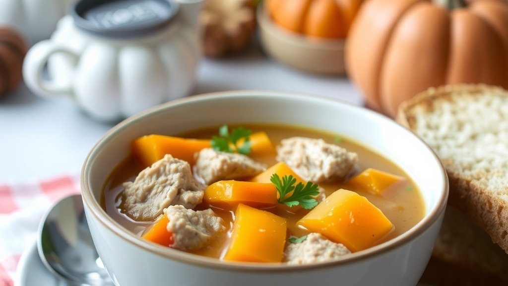 A bowl of pork and squash soup garnished with parsley, accompanied by a bread roll in a cozy kitchen.