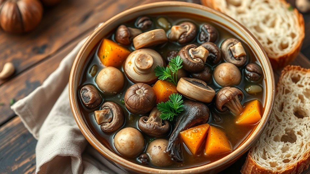 A hearty bowl of chestnut and mushroom stew with mushrooms, carrots, and chestnuts, garnished with parsley, on a wooden table with bread.