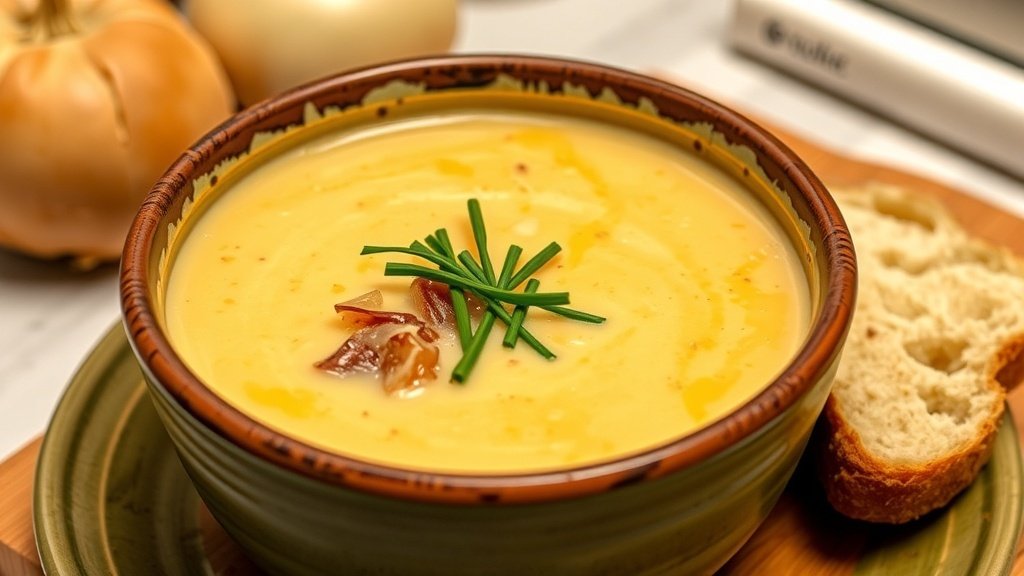 A bowl of creamy roasted onion and Parmesan soup garnished with chives, accompanied by crusty bread.