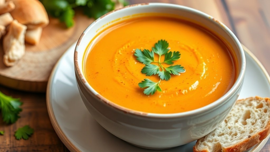 A bowl of creamy carrot and coriander soup garnished with coriander leaves, accompanied by a bread roll on a wooden table.