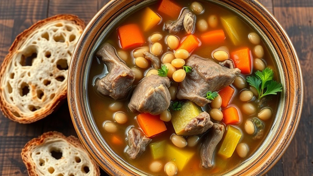 A bowl of rustic lamb and barley soup with vegetables, garnished with parsley, on a wooden table with bread.