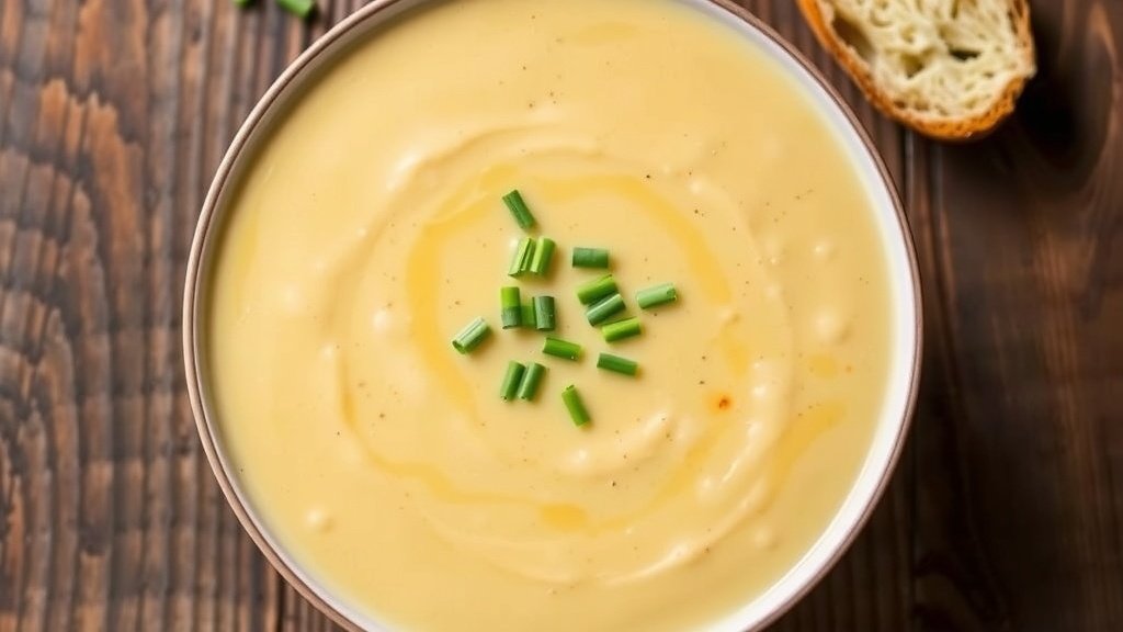 A bowl of creamy smoked Gouda and cauliflower soup garnished with chives, served with crusty bread on a wooden table.