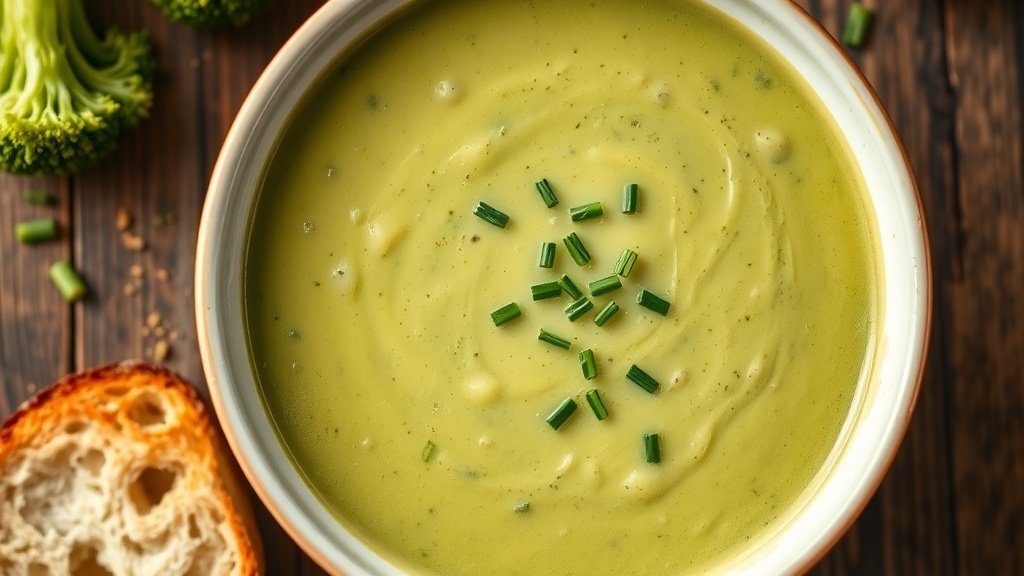 A bowl of creamy broccoli and brie soup garnished with chives, accompanied by crusty bread on a rustic table.