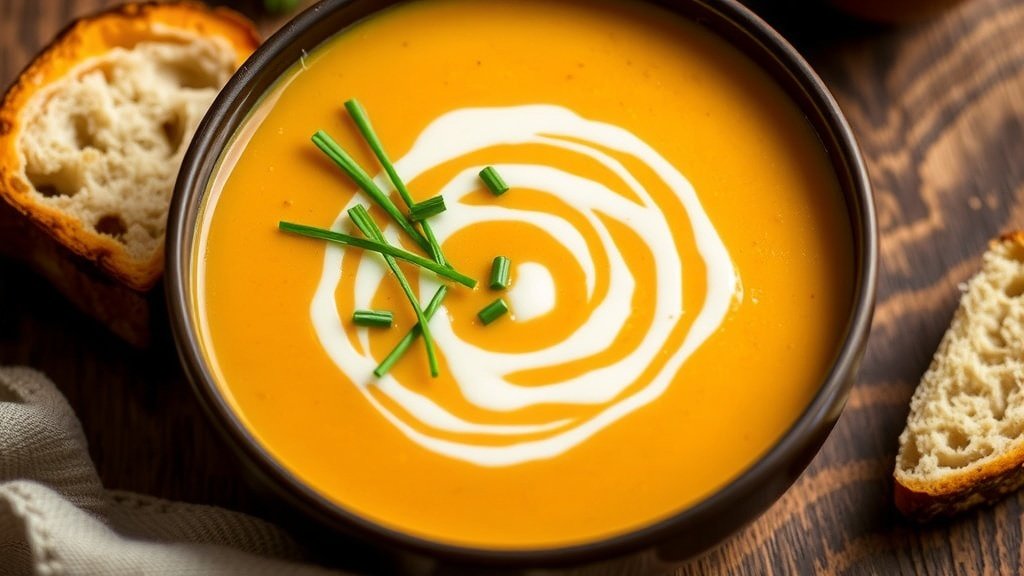 A bowl of roasted acorn squash soup garnished with chives and maple cream, accompanied by bread on a wooden table.