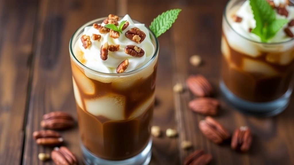 A glass of Honey Pecan Iced Coffee with whipped cream and pecans, on a wooden table.
